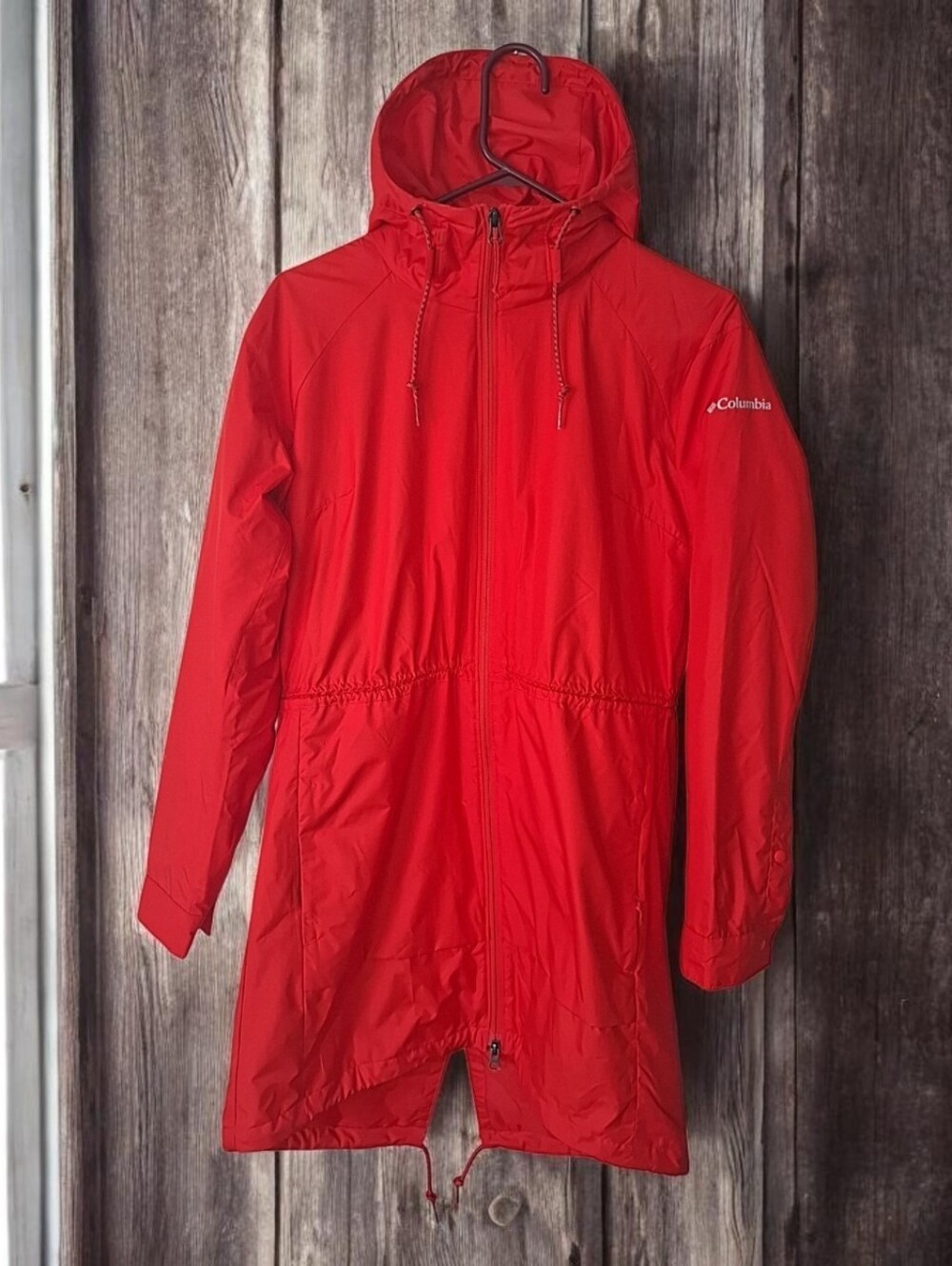 Columbia Women's Rain Coat Red Hooded Full Zip Mid-Length Long Sleeve S